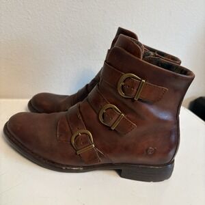 BORN Womens Nivine Leather Buckles Ankle Boot/Side Zip Size US 7.5 M Brown
